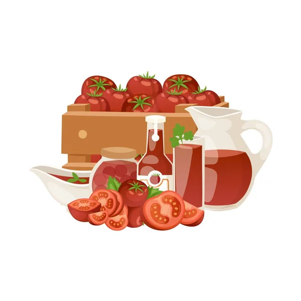 Tomater produkter med vegetabiliska ekologiska produkter saft, ketchup och pickles tecknad vektor illustration. — Stock vektor
