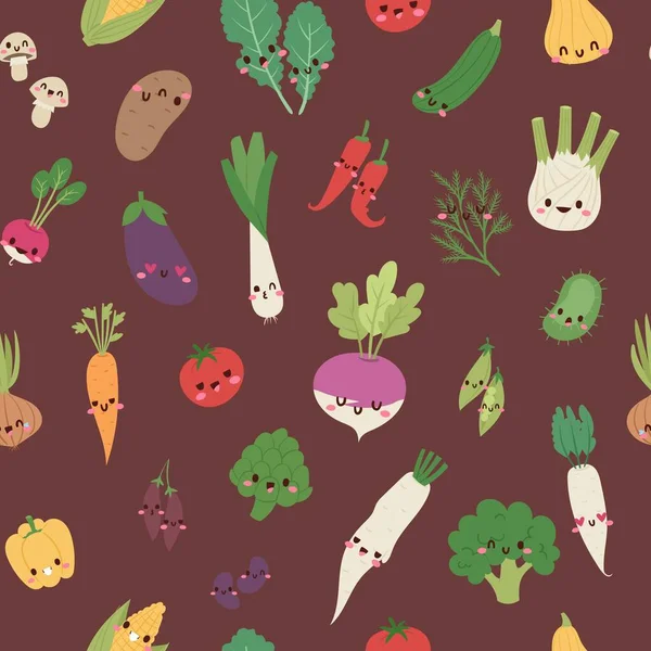 Cute kawaii legumes misturar com brócolis, cenoura, tomate, pimenta e cebola, pimenta, berinjela, desenho animado de milho sem costura padrão vetor ilustração . — Vetor de Stock