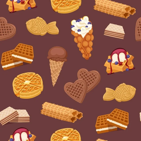 ワッフル、クッキーとアイスクリーム、ワッフルケーキとチョコレートおいしいデザートウェーハベーカリーフードシームレスパターンベクトルイラスト. — ストックベクタ