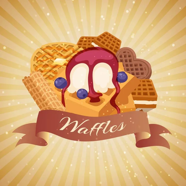 Waffle com sorvete e bagas, bolos de waffle e chocolate delicioso creme sobremesa wafer padaria alimento vetor ilustração . — Vetor de Stock