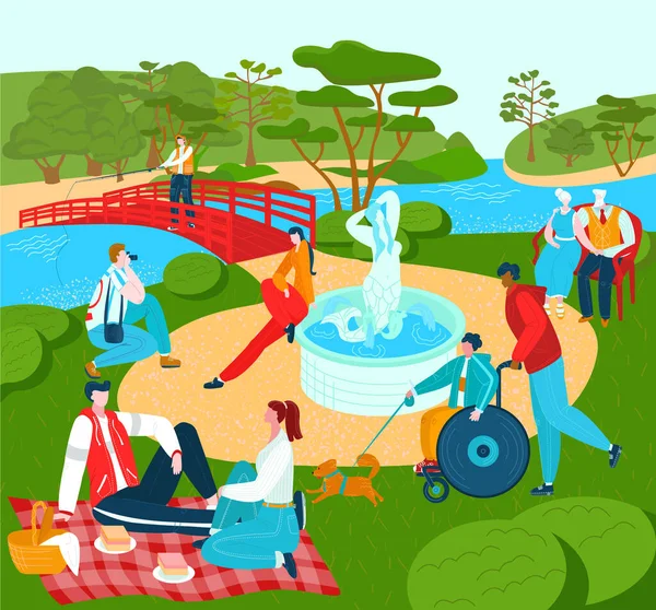 Recreation for people in park, summer lyfestyle rest outdoor in nature, city sport and leisure vector flat illustration.