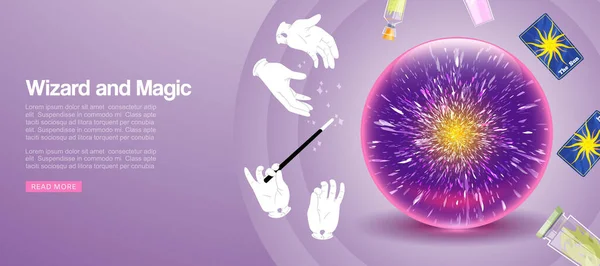 Магія і чарівник показують банер з чарівною паличкою в рукавичках, майстер сфери перфекціонізм Векторні ілюстрації . — стоковий вектор