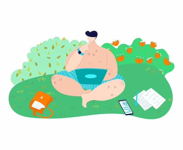 Bodypositive homme sur la nature en été vêtu de maillots de bain de travail avec ordinateur portable et papiers d'affaires, corps positif. surcharge pondérale gros homme d'affaires repos et travail dans le jardin . — Image vectorielle