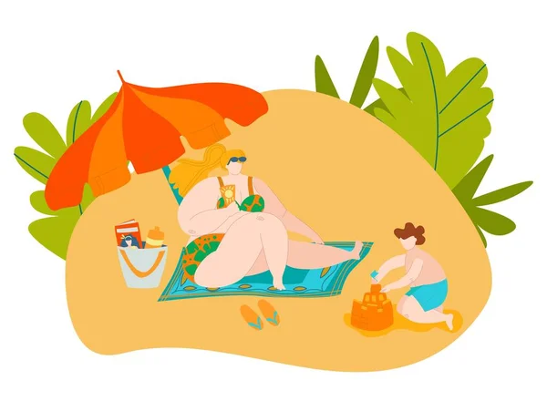 Bodypositive madre e hijo en la playa, mujer gorda y niño en la playa en verano vestido con trajes de baño, el movimiento positivo del cuerpo y la diversidad de belleza . — Vector de stock