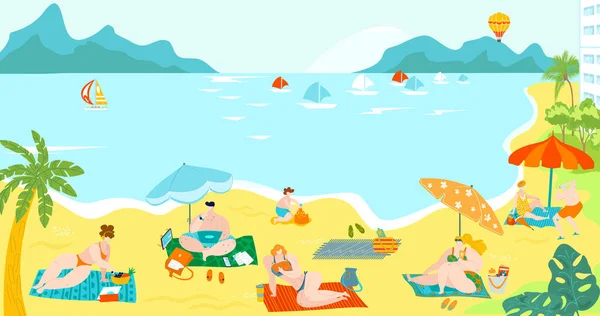 Test pozitív emberek a tengerparton üdülőhely nyáron fürdőruhában napozás homokban, tenyér és jachtok tengeri lapos vektor illusztráció. — Stock Vector
