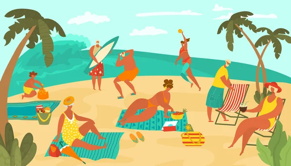 Corpo positivo pessoas na praia do mar jogando bola, banhos de sol na areia, surfe e beber coquetéis, palmas plana vetor ilustração . —  Vetores de Stock