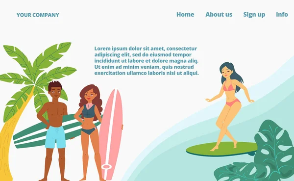 Surf de mar, surfistas página de aterrizaje deportes extremos, la actividad de vacaciones de verano divertido sitio web vector de ilustración, chica en tabla de surf ola . — Archivo Imágenes Vectoriales