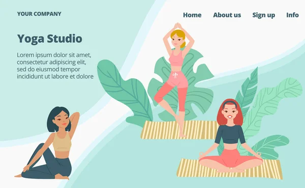 Escuela de yoga landing page, chicas jóvenes en poses de meditación, fitness y ejercicio yoga práctica ilustración vectorial de dibujos animados . — Archivo Imágenes Vectoriales