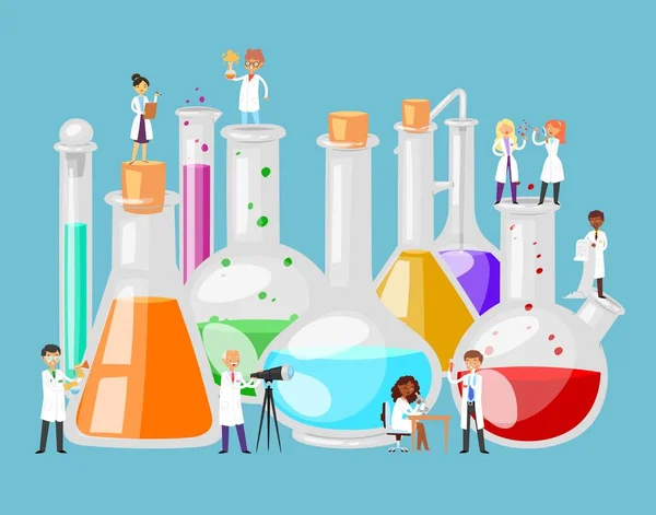 Kemiska laboratorieexperiment i vetenskap, provrör, kolv och forskare bedriver forskning inom kemi eller medicin vektor illustration. — Stock vektor