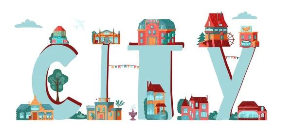 Ciudad de la palabra con ciudad, iconos de edificios de dibujos animados de la ciudad vieja, banner tipográfico de ilustración vectorial aislado en blanco . — Vector de stock