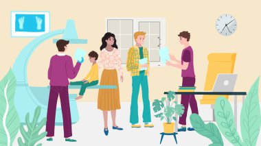 Doktor randevusu, sağlık kontrolündeki hasta çocuk hastanede, anne ve çocuk, hasta insan doktor çizgi filmlerindeki vektör çizimlerini ziyaret ediyor..