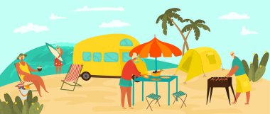 Son sınıflar, yaşlı çiftler deniz tatilinde seyahat ederler. Büyük anne ve büyükbaba için spor yaşam tarzı düz vektör çizimi..