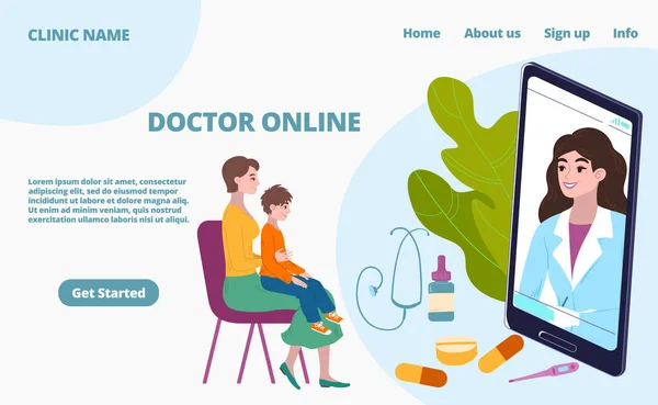 Online orvos kinevezése, kis beteg anyával a konzultációs orvostudomány telefonos oldalon rajzfilm vektor illusztráció. — Stock Vector