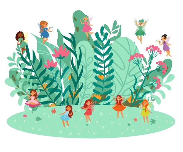 Lindas hadas niñas de fantasía en vestidos bonitos volando en hierba verde y flores, mágicas personajes de dibujos animados femeninos vector de ilustración . — Archivo Imágenes Vectoriales