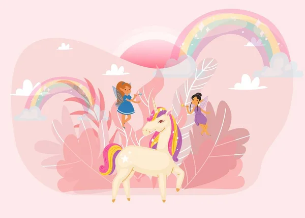Palabra fantástica con unicornio mágico, chica de hadas, arco iris y alas, nubes ilustración vector de dibujos animados para niños . — Archivo Imágenes Vectoriales