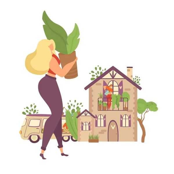 Quédese en casa y plantar vegetación en casa motivacional ilustración vectorial aislada. Mujer trae planta en maceta a casa decorada con vegetación . — Vector de stock