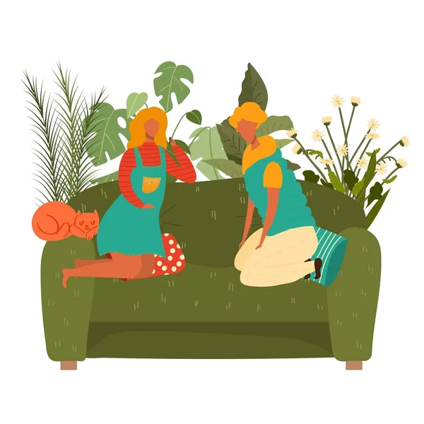 Щасливі дівчата друзі разом сидять на дивані і розмовляють, жіноча концепція дружби плоска Векторні ілюстрації . — стоковий вектор