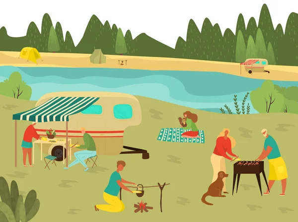 Familia barbacoa picnic en vacaciones de verano, barbacoa con abuelos, padre, madre e hijos en la naturaleza viajando ilustración vector plano . — Vector de stock