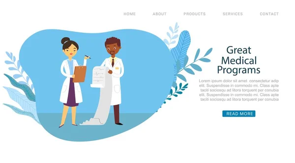 Медичні програми в лікарні або клініці, лікарі чоловічі та жіночі медичні працівники веб-сайт мультфільму Векторні ілюстрації . — стоковий вектор