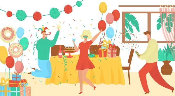 La agencia de eventos de fiesta de cumpleaños ofrece ilustración vectorial plana con payasos, decoraciones, cajas de regalo. Fechas especiales, celebración familiar y de cumpleaños . — Vector de stock