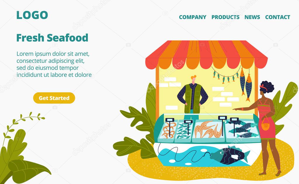 Seafood stall and fresh fish street shop store market with sea food in fridge, seller and customer flat vector illustration.