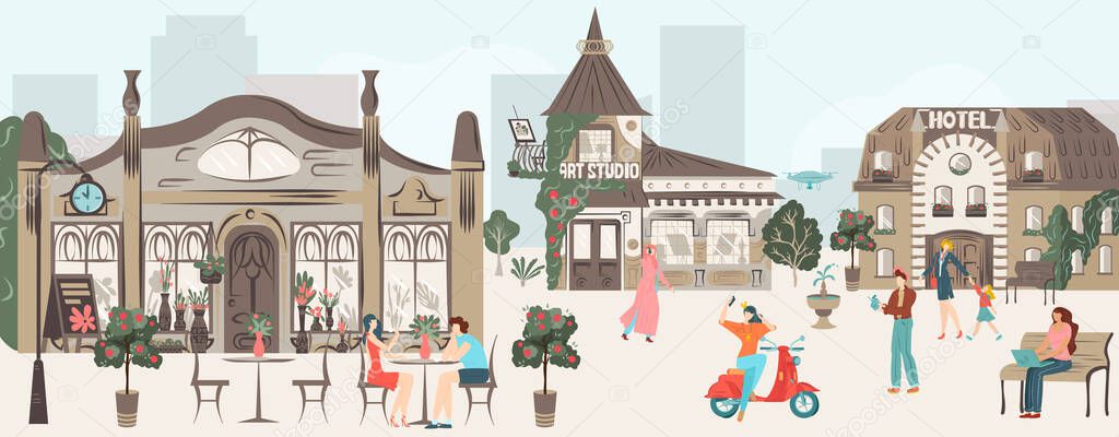 Streets, houses, buildings architecture of town with people rest in urban cafe, walk together, city scenes flat vector illustration.
