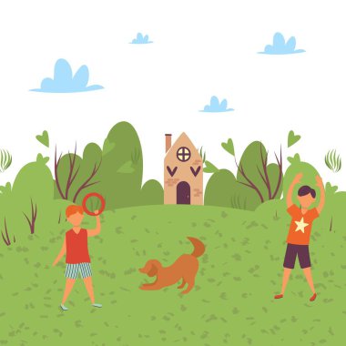 Mutlu çocuklar köpekle doğada oynarlar, kırsal kesimde ise karikatür çizimi yaparlar. Oğlan ve kız yaz çayırında zıplıyorlar.
