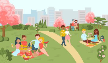 Hanami Sakura festivali, çiçek ağaçlarında piknik yapan insanlar baharda park eder, park yassı çizgi film çizimleri çizer..