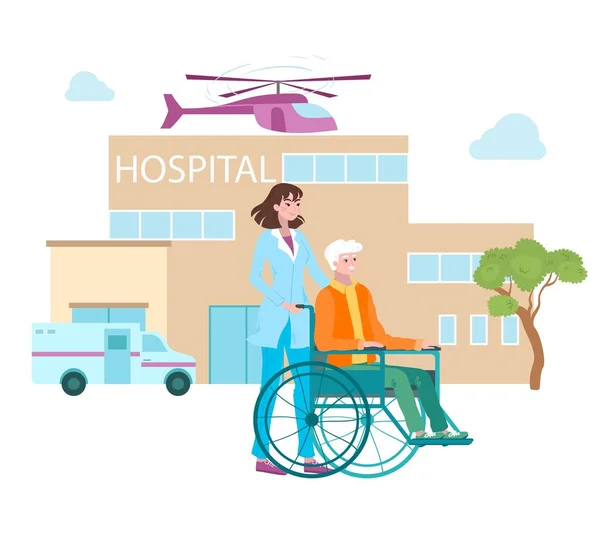 Gyógyszer a kórházban, klinika mozgássérült betegek, egészségügyi és szakmai tratment rajzfilm vektor illusztráció. Egészségügyi szolgáltatások. — Stock Vector