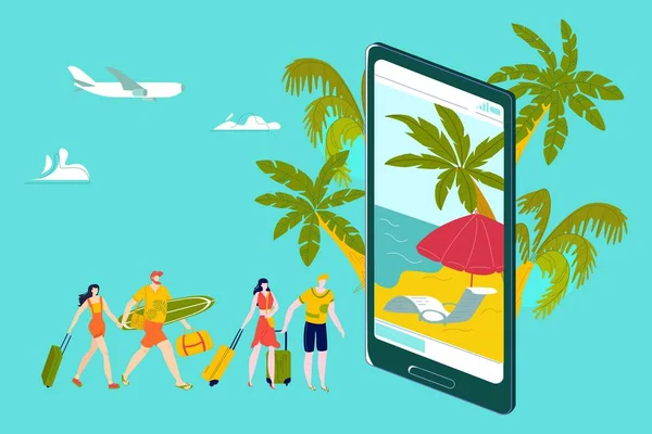 Escursioni calde, viaggi, vacanze alle isole tropicali del mare in vacanza estiva, uomo e donna con bagagli prima del grande smartphone cartone animato piatto vettoriale illustrazione . — Vettoriale Stock