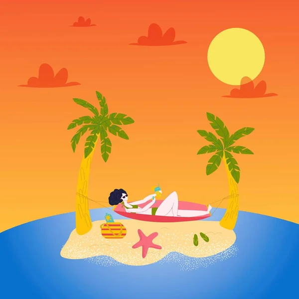 Excursions chaudes, Voyage, vacances aux îles de la mer tropicale, femme en bikini bronzage au coucher du soleil dessin animé plat vecteur illustration . — Image vectorielle