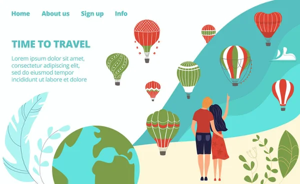 Heiße Tour, Reisen in den Urlaub, Tourismus mit Heißluftballons am Himmel und junge Paare Mann und Frau Web-Landing-Page-Vektor-Illustration. — Stockvektor