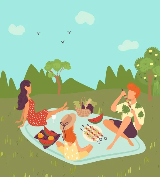 Szczęśliwa rodzina na piknik odkryty w przyrodzie lub parku krajobraz, weekend z ojcem rodziny, matka i córka razem jedząc owoce wektor ilustracja. — Wektor stockowy