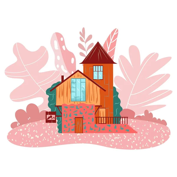 Cozy little fairy house on pink landscape, cottage with tower for girls, isolated on white cartoon vector illustration. — Stock Vector