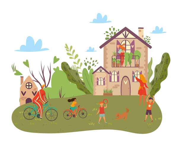 Bonne journée d'été en famille, père à vélo, mère et enfants jouent avec chien dans la nature, illustration vectorielle de dessin animé de campagne . — Image vectorielle