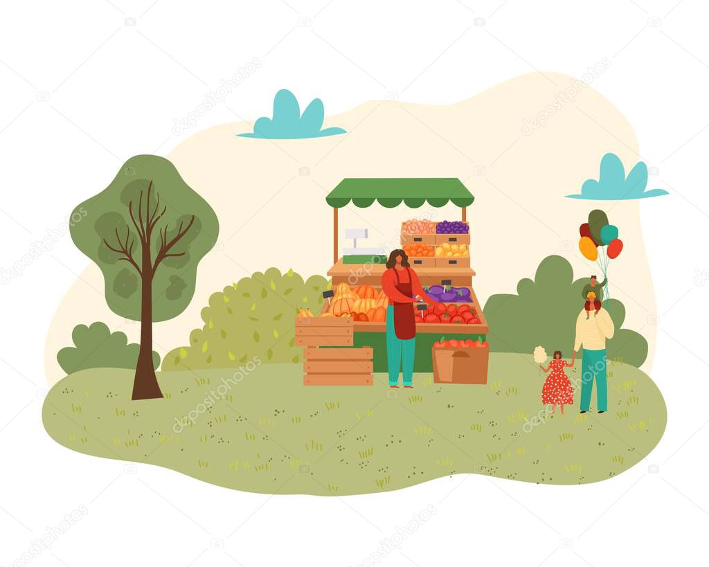Summer park with food festival for family time concept isolated on white vector illustration. People sell food fruits from stalls in park.
