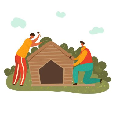 İş yerinde Hummer 'larla ahşap ev inşa eden tahta işçisi, beyazı izole edilmiş düz vektör çizimi. Marangozluk yapan iki adam..