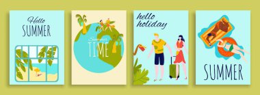 Seyahat, tatil, yaz tatili afişleri, turistler, bavulları dünya üzerinde gezginler, güneşlenme ve deniz karikatürü çizimlerinde yüzme.