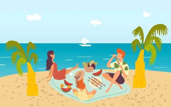Famille à la plage tropicale pique-nique près de la mer profiter de vacances ensemble sur le sable, les paumes et le paysage marin illustration vectorielle plat . — Image vectorielle
