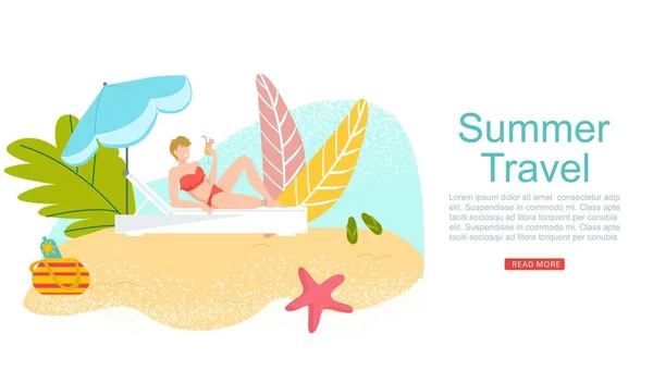 Summer travel, vacation to tropical sea islands, woman in bikini with coctail on beach web banner cartoon flat vector illustration. — Stock Vector