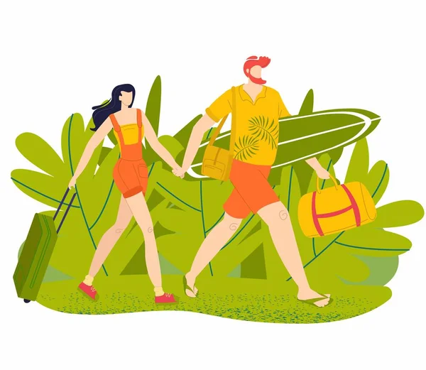 Vacaciones de verano, vacaciones, hombre y mujer vacacionista con paseo de equipaje en el fondo de hojas tropicales, ilustración de vectores planos . — Vector de stock