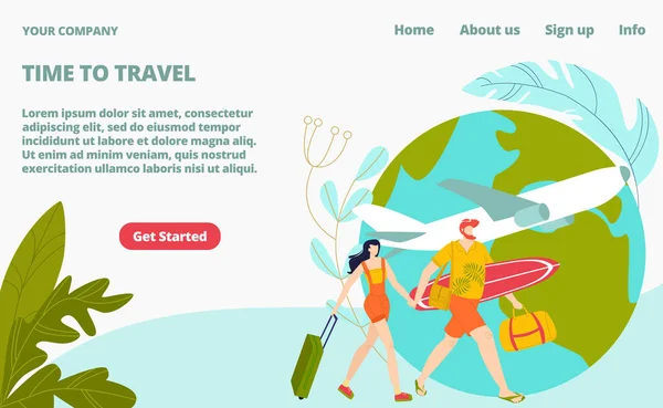 Hora de viajar página de destino do turismo, jovens turistas em férias com sacos de viagem e avião, globo terrestre vetor de voo Ilustração . — Vetor de Stock