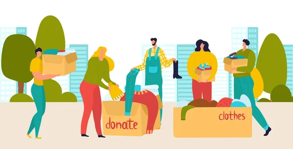 I volontari donano persone con stoffe e cose scatole, aiuto sociale, carità, cura per i senzatetto e supporto illustrazione vettoriale piatta . — Vettoriale Stock