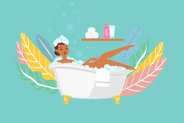 Woman bathing in bathtub, dark skinned asiatic girl in bathroom cartoon vector Illustration. Body relaxation and hygiene. — Stock Vector