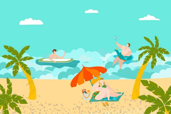 Descanso de verano en la playa, personas nadando y tomando el sol, palmeras tropicales y arena, océano mar plana vector ilustración . — Vector de stock