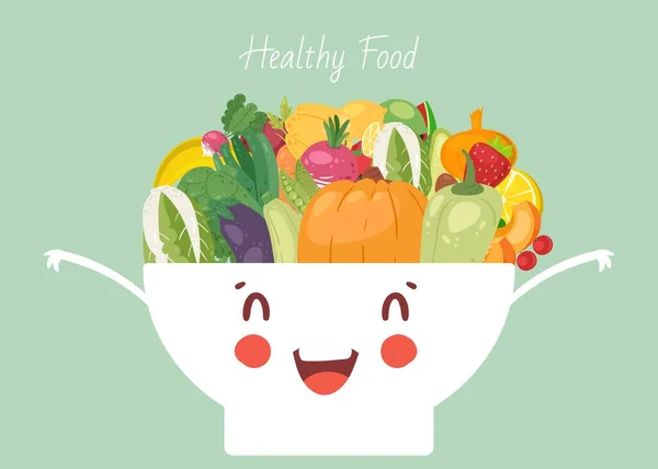 Healthy food vegetables in cute kawaii bowl vector illustration. Veggies pepper, onion, pumpkin and eggplant, squash. Healthy vegans food mixed in dish bowl. — Stock Vector