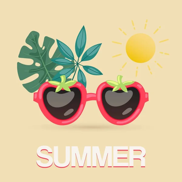 Lunettes de soleil d'été exotiques avec feuilles tropicales et illustration vectorielle du soleil. Été tropical pour fête à la plage affiche, blog de voyage, lunettes de soleil en forme de baies. — Image vectorielle