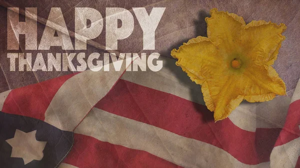 Ευχές για τη γιορτή των Ευχαριστιών. Σημαία των ΗΠΑ και λουλούδι — Φωτογραφία Αρχείου