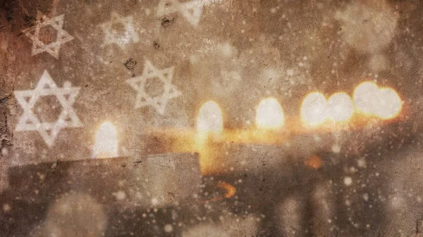 幸せの Hanukkah.Menorah 雪とダビデの星 — ストック写真