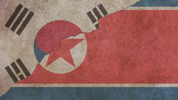 Korei Północnej i Korei Południowej flagi na beton — Zdjęcie stockowe